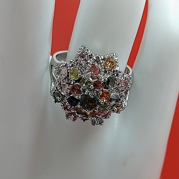 Natural Fire Opal & Tourmaline 925 Sterling Silver Ring Sz 7.5 - Picture 8 of 14